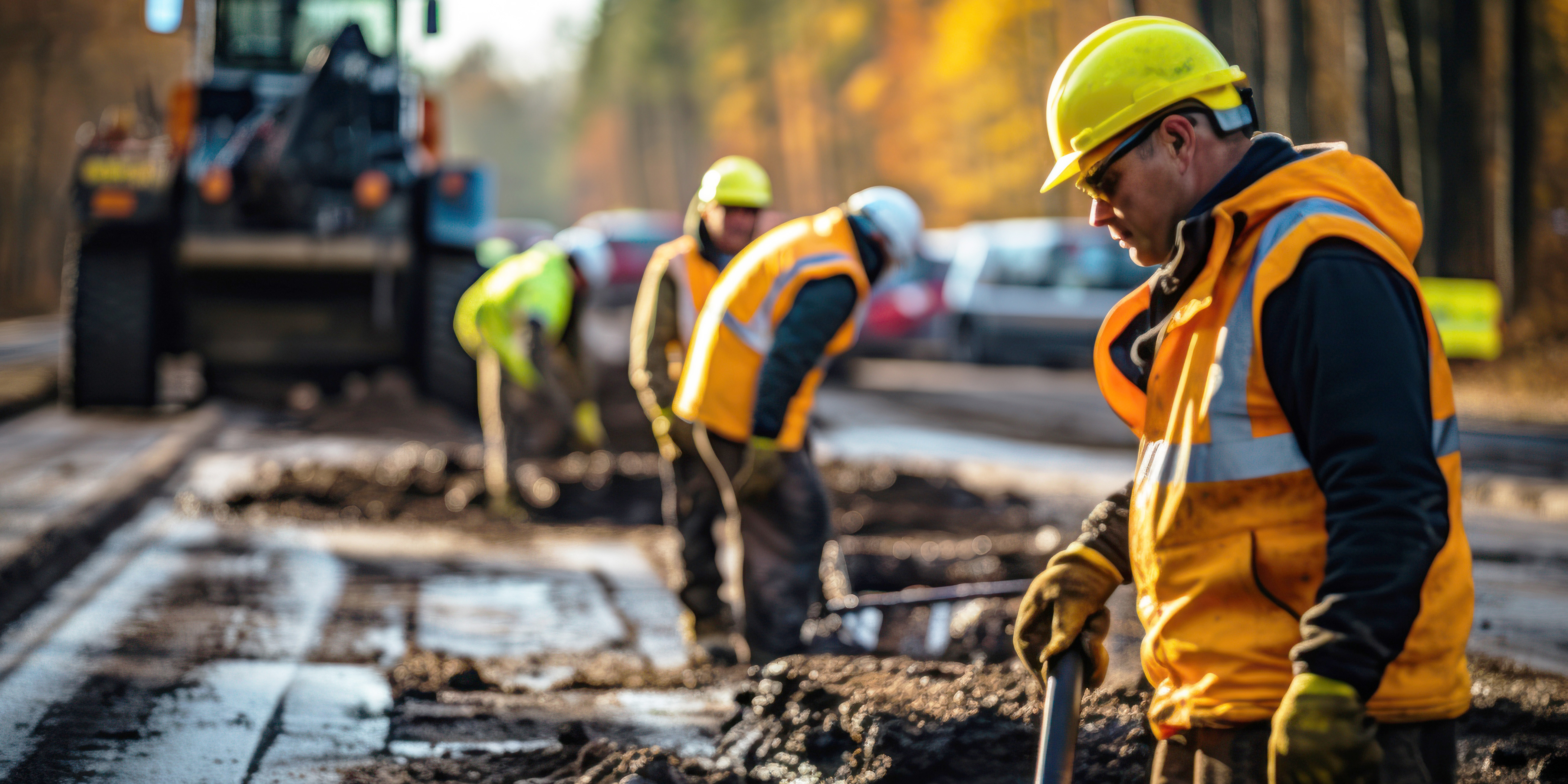 construction workers in safety gear repairing a road with heavy machinery in the background construction workers in safety gear repairing a road with heavy machinery in the background