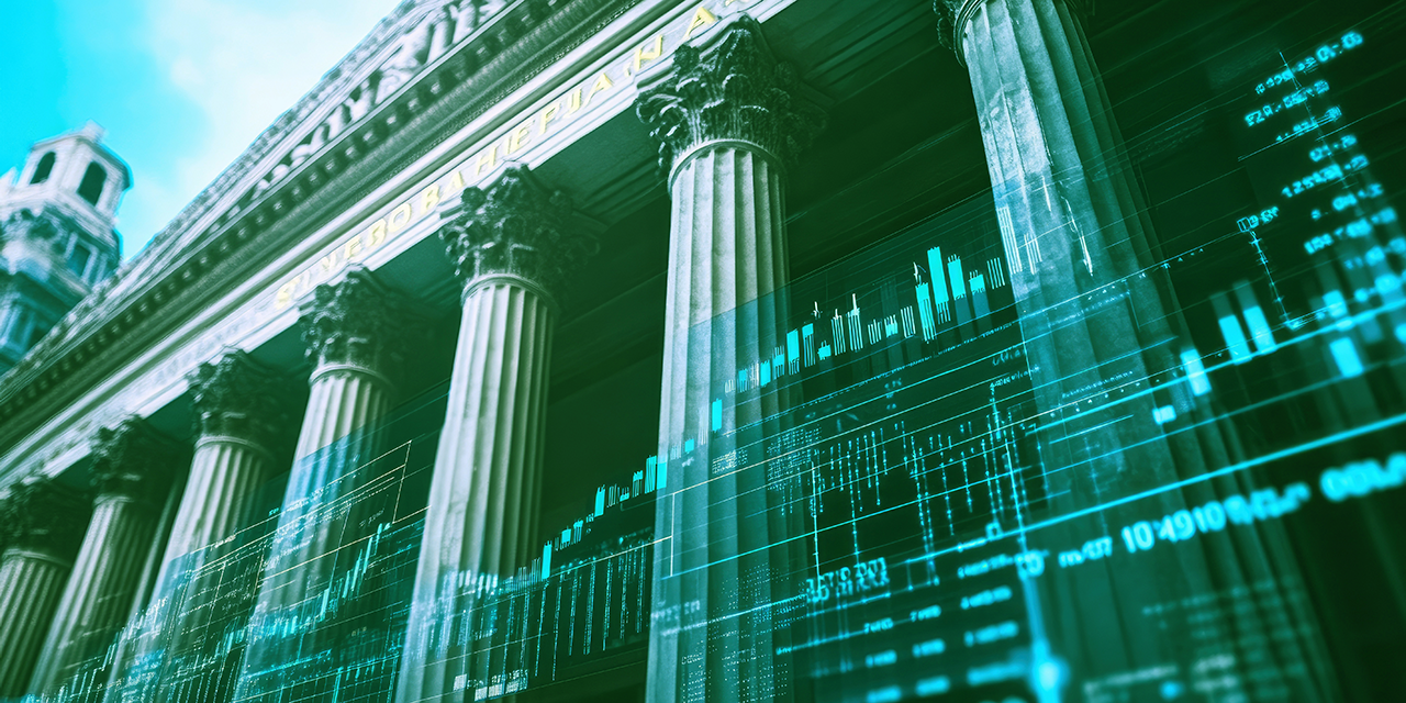 exterior of building with column against blue sky with digital graphs overlayed in green tint exterior of building with column against blue sky with digital graphs overlayed in green tint