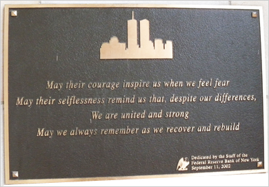 Plaque commemorating the first anniversary of the September 11, 2001 attacks on the World Trade Center. Food and medical services were offered to rescue workers in the weeks following.
