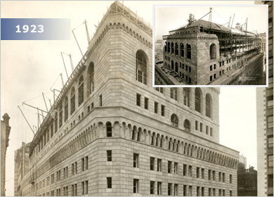 Historic views of the New York Fed building in 1923. Bank employees settled into their new office building the following year.