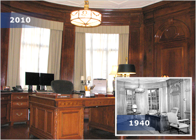 Office of the President: In 1940, Bank President George Harrison occupied this office. Today, President William C. Dudley occupies the same office, where much of the original woodwork, ceiling and light fixtures remain.