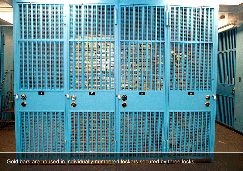 Gold bars are housed in individually numbered lockers secured by three locks.