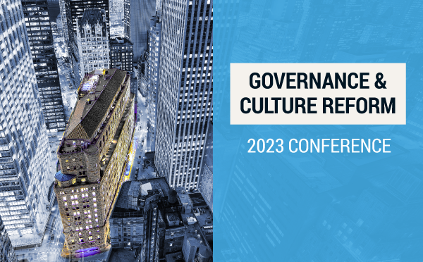 An image of the Federal Reserve Bank of New York building at night, shot from above, next to the text: Governance & Culture Reform, 2023 Conference, June 20th, 8:00 am - 1:30 pm EDT