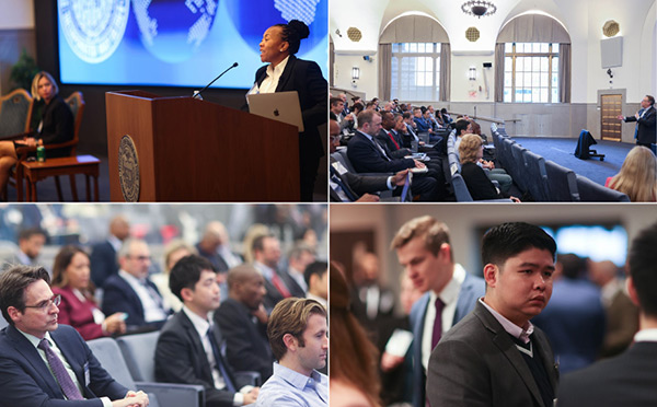 Four photos from the Central Banking Seminar in October 2023, showing attendees in the auditorium, speaking at a podium, and connecting in between sessions.