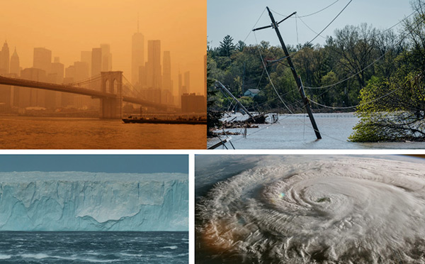 A composite of four images showing weather events, from top left clockwise: New York City's Brooklyn Bridge and Lower Manhattan in smog; a flooded area with a tilted utility pole; a satellite image of a hurricane; ice falling into a body of water.
