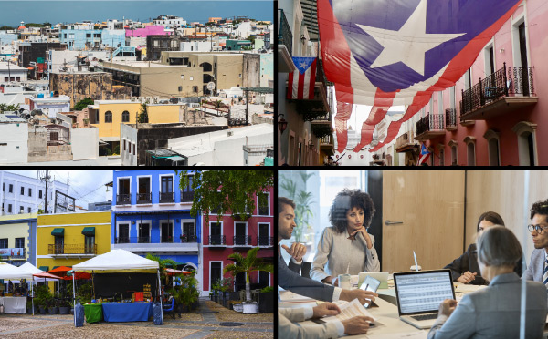 A collage of four images, three showing scenic city views and the flag of Puerto Rico and one showing a meeting. 
