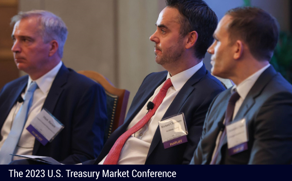 Three panelists on the "Non-Centrally Cleared Bilateral Repo Market" panel at the 2023 U.S. Treasury Market Conference.
