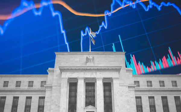 A collage image of the Federal Reserve building in front of a data graphic that includes an area chart, a line chart, and a bar chart. 