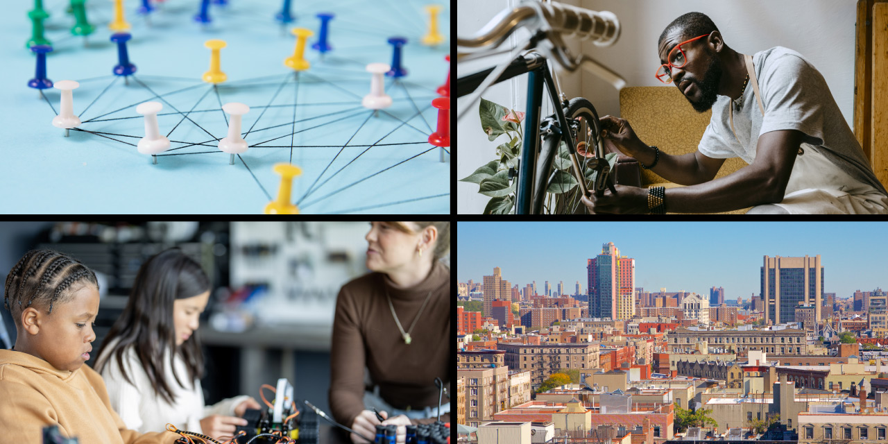 four images showing interconnectivity of cityscape, children learning, and workers