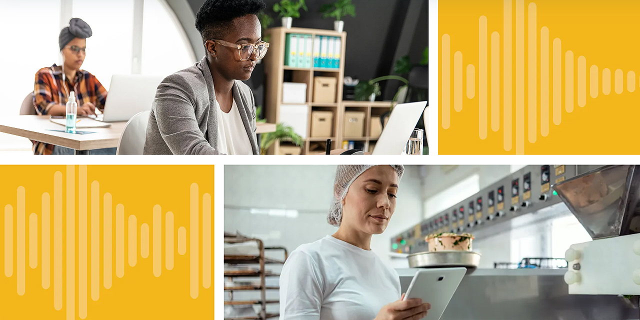 two images showing workers, the first shows two people seated at laptops, the second image shows a worker reading from a handheld device in a bakery