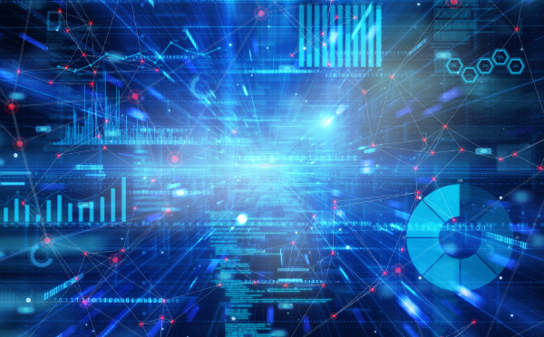 A collage of different types of charts in blue emanating out from a light source at the center