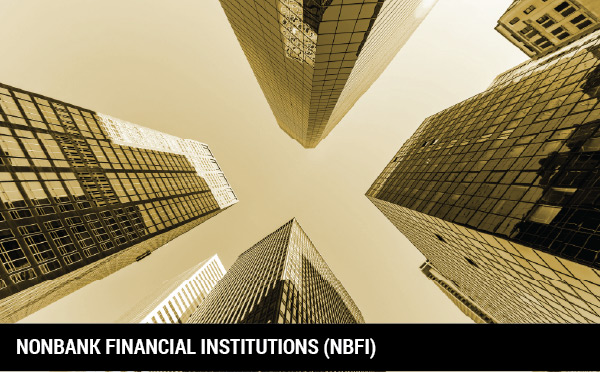 Multiple skyscrapers from the vantage point of looking skyward, with a gold overlay and nonbank financial institutions (NBFI) in text.  Multiple skyscrapers from the vantage point of looking skyward, with a gold overlay and nonbank financial institutions (NBFI) in text.