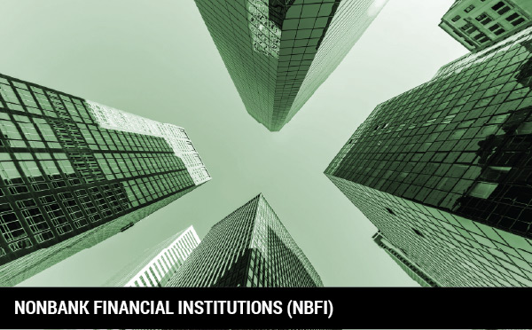Multiple skyscrapers from the vantage point of looking skyward, with a green overlay and nonbank financial institutions (NBFI) in text.  Multiple skyscrapers from the vantage point of looking skyward, with a green overlay and nonbank financial institutions (NBFI) in text.