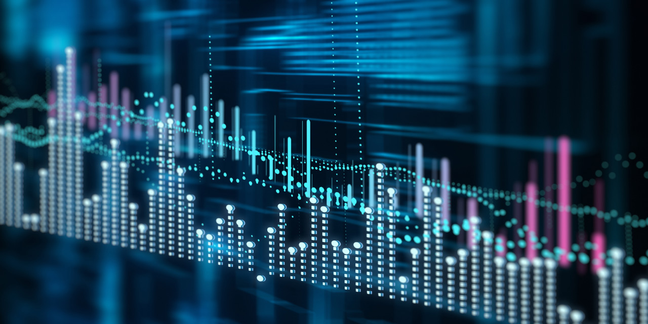 Blue and pink bar and line charts overlaid on a dark blue and black screen