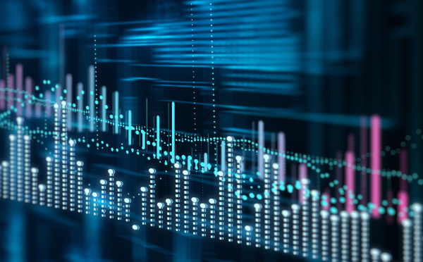 Blue and pink bar and line charts overlaid on a dark blue and black screen