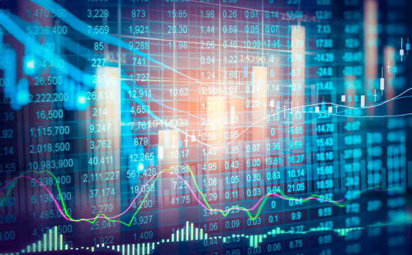 A collage of numbers in cells in blue as well as line, bar, and other graphs in green, pink, and white. 