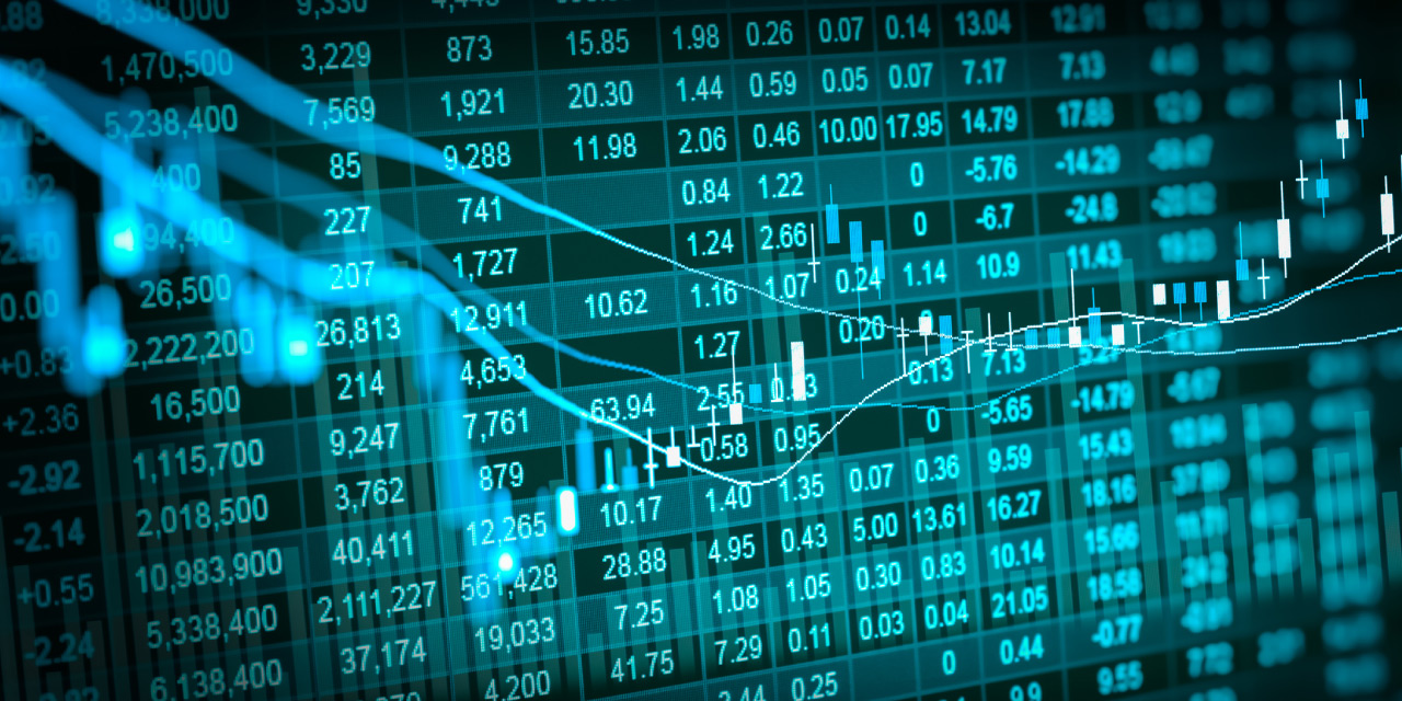 A spreadsheet with bright blue text on a black background overlaid with blue and white charts. 