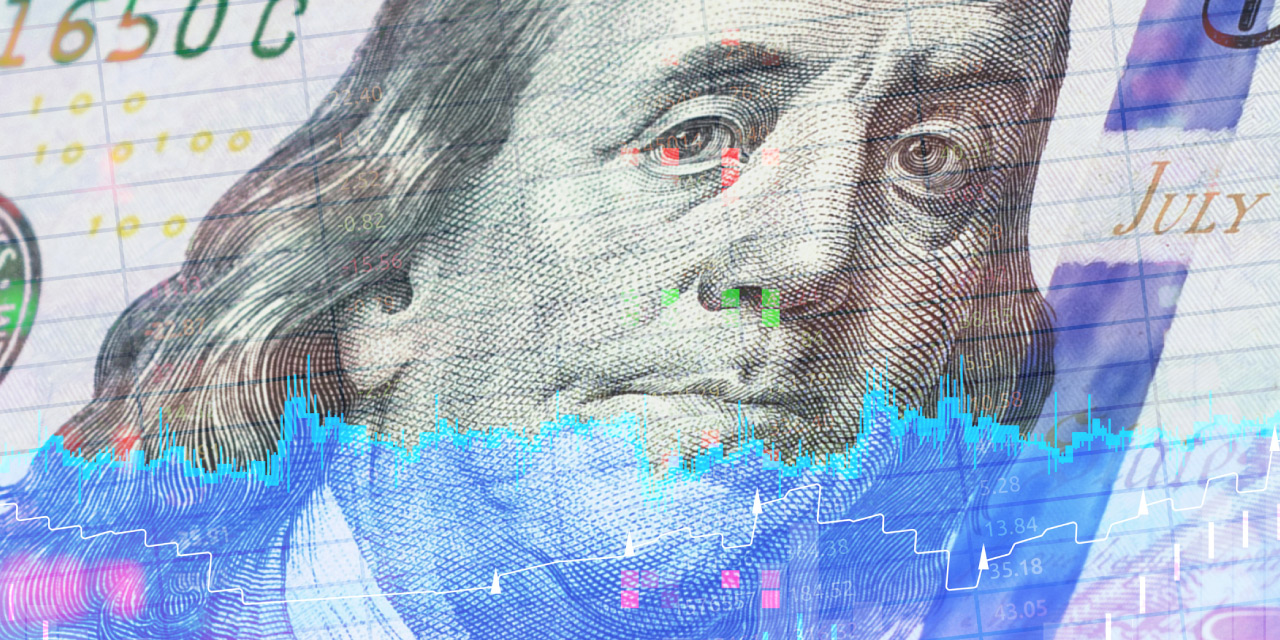 Illustration of U.S. $100 bill with financial chart lines overlayed 