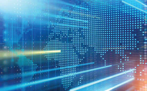 A blue digital map showing Africa, Europe, and Asia in the foreground and the Americas in the background, with blue and green streams of light.  A blue digital map showing Africa, Europe, and Asia in the foreground and the Americas in the background, with blue and green streams of light.