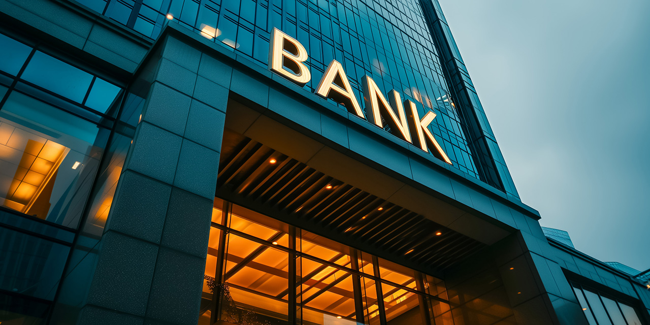 Exterior of bank building at dusk