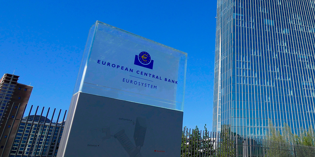 Closeup of outdoor sign of 'European Central Bank Eurosystem'