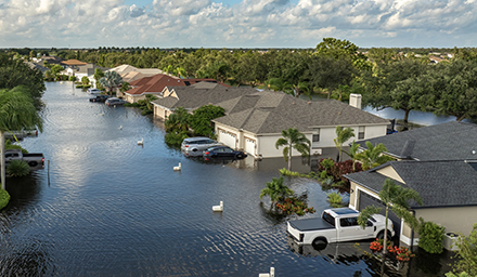 Photo: Hurricane Debby tropical rainstorm flooded residential homes and cars in suburban community in Sarasota, Florida. Aftermath of natural disaster.