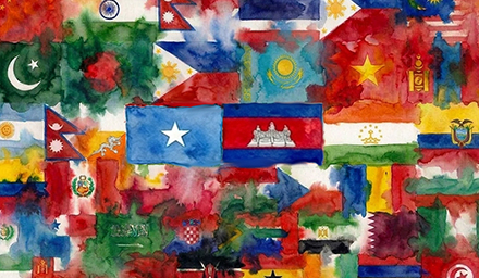 AI generated decorative image of flags of emerging markets done in the style of watercolor.