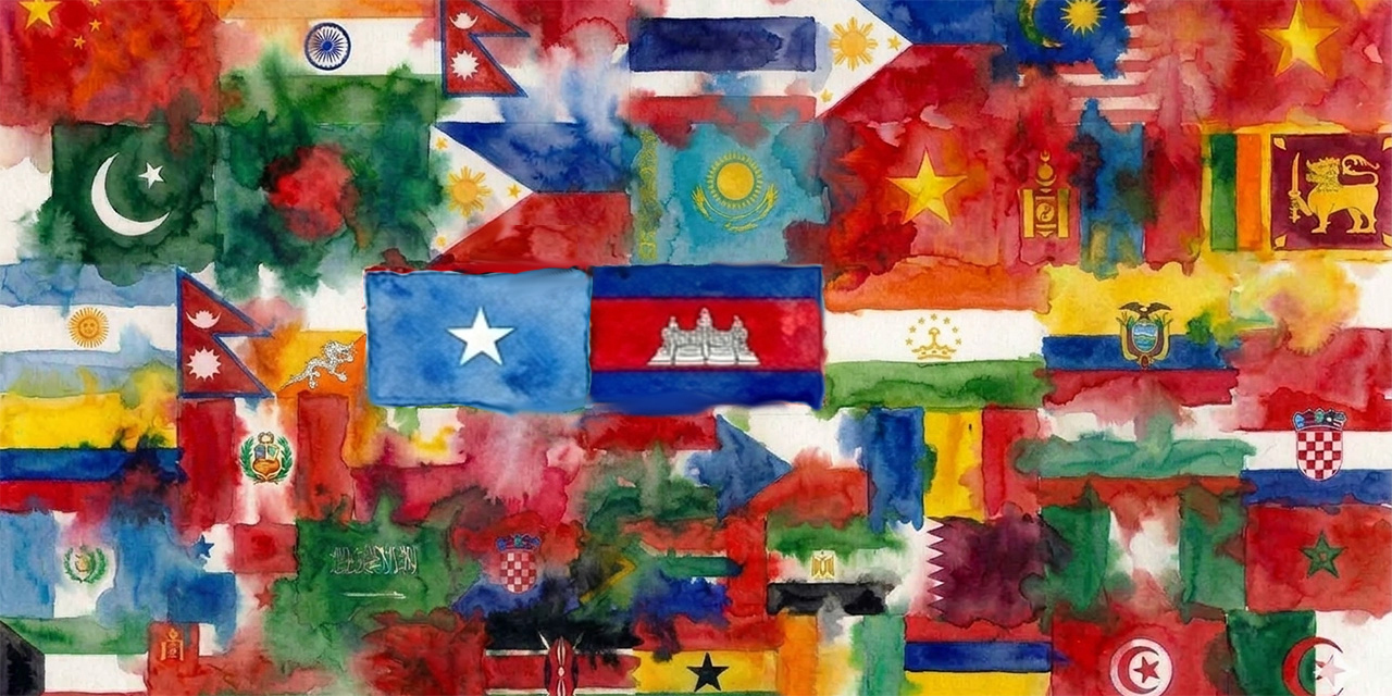 AI generated decorative image of flags of emerging markets done in the style of watercolor.