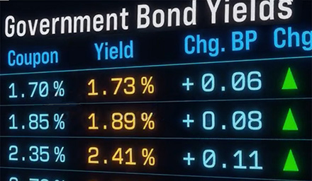 image of Government bond yields moving up, bond trading, yields, interest rates. Table with market data, investment opportunities, financial markets, trading, debt, analysis.