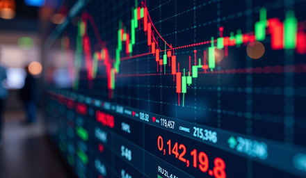Close-up of a stock market chart displaying financial data and trading trends.