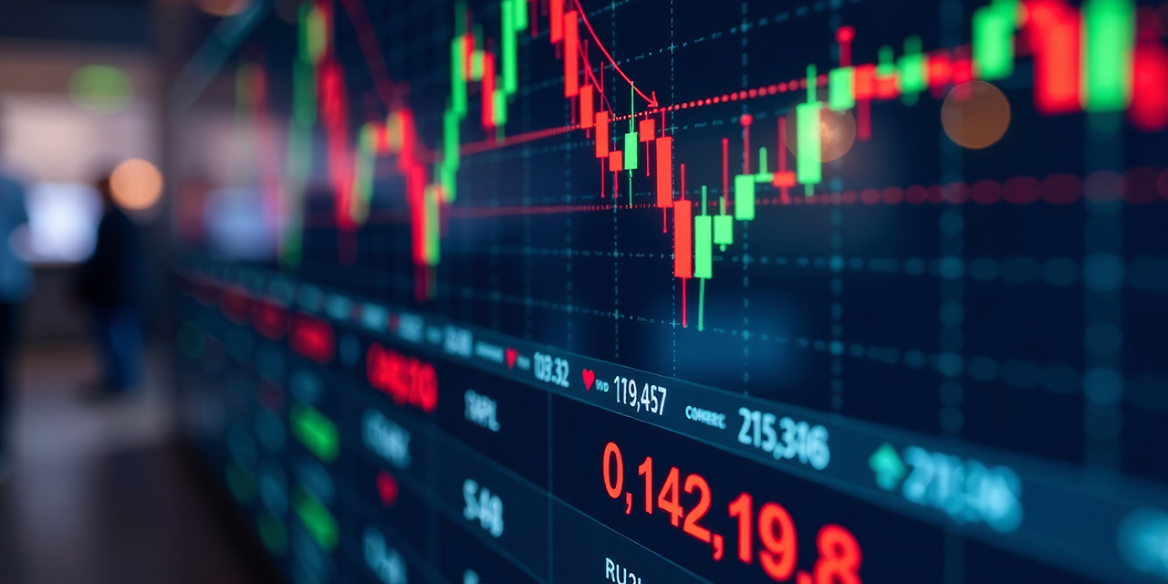 Close-up of a stock market chart displaying financial data and trading trends.
