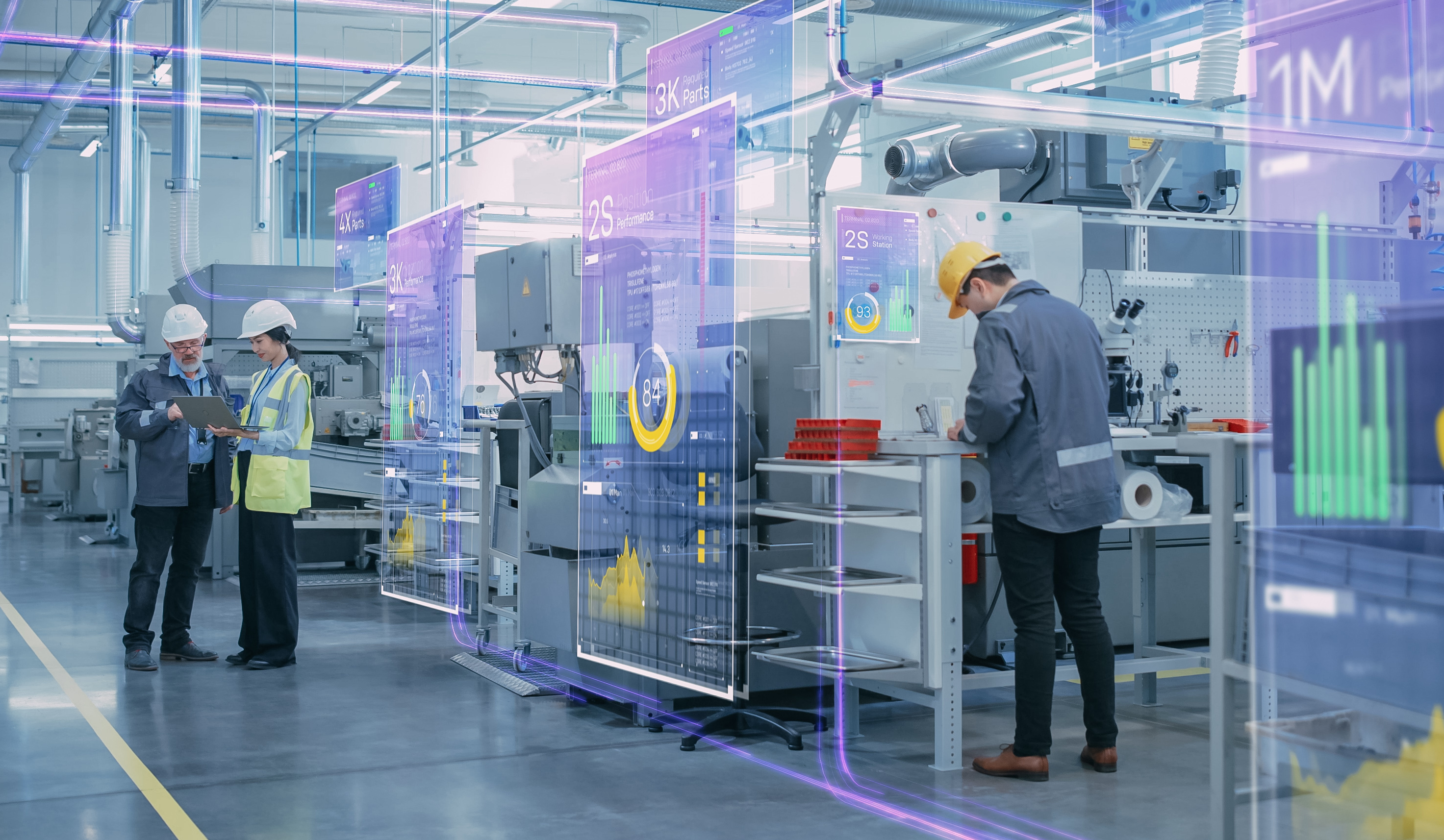 Photo: Factory Digitalization: Two Industrial Engineers Use Tablet Computer, Big Data Statistics Visualization, Optimization of High-Tech Electronics Facility. Industry 4.0 Machinery Manufacturing Products