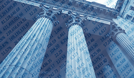 exterior of financial industry building with columns overlayed with numeric data in blue