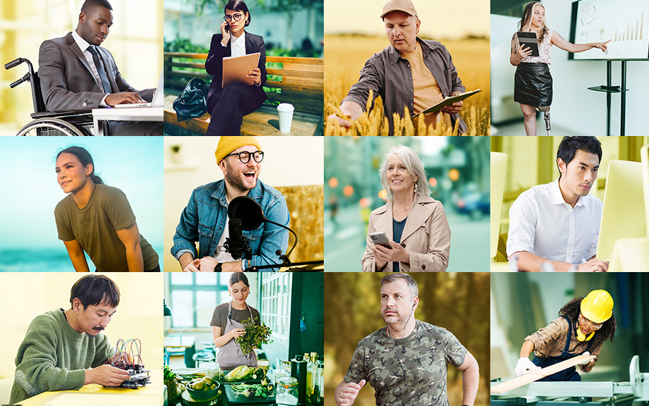 Decorative image: 12 tiled images of men and women in different occupations tinted yellow and green.