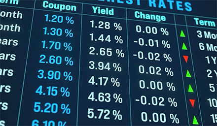 Image of a bond market yields, fixed-income securities, mortgage rates monitor.