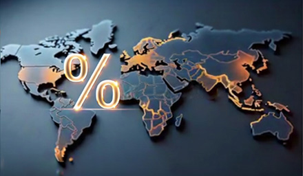 Photo: Illustration of a flat world map with a percent sign between north America content and Europe/Africa continents. Colored in dark blue and golds.