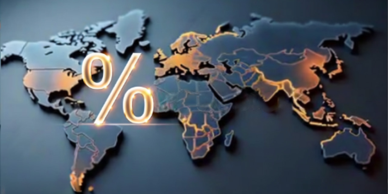 Photo: Illustration of a flat world map with a percent sign between north America content and Europe/Africa continents. Colored in dark blue and golds.