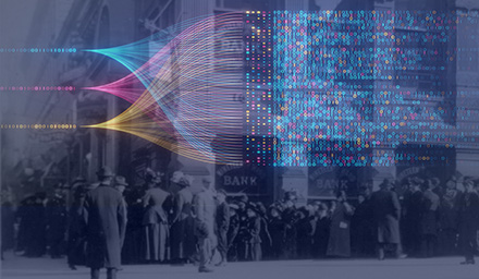 Created image of an early 20th Century bank run with pink, blue and yellow flow concept. Querying, analysing, visualizing neural network for artificial intelligence. Data mining.