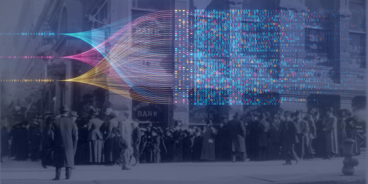 Created image of an early 20th Century bank run with pink, blue and yellow flow concept