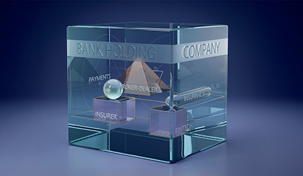 AI generated image of a glass square vessel with glass squares and pyramid inside with the words Bank Holding Company on the large vessel and insurer, fintech and broker-dealer on the small glass items inside it.
