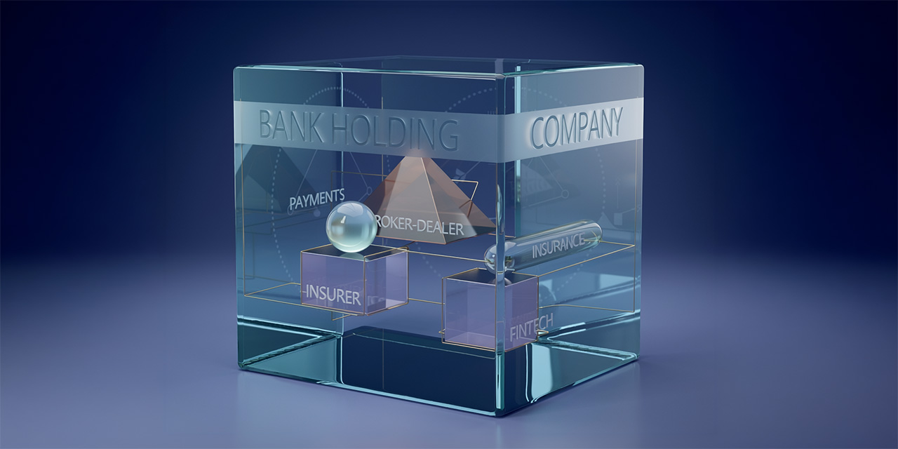 AI generated image of a glass square vessel with glass squares and pyramid inside with the words Bank Holding Company on the large vessel and insurer, fintech and broker-dealer on the small glass items inside it. AI generated image of a glass square vessel with glass squares and pyramid inside with the words Bank Holding Company on the large vessel and insurer, fintech and broker-dealer on the small glass items inside it.