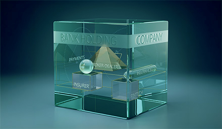 AI generated image of a glass square vessel with glass squares and pyramid inside with the words Bank Holding Company on the large vessel and insurer, fintech and broker-dealer on the small glass items inside it.AI generated image of a glass square vessel with glass squares and pyramid inside with the words Bank Holding Company on the large vessel and insurer, fintech and broker-dealer on the small glass items inside it.