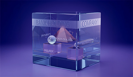 AI generated image of a glass square vessel with glass squares and pyramid inside with the words Bank Holding Company on the large vessel and insurer, fintech and broker-dealer on the small glass items inside it.