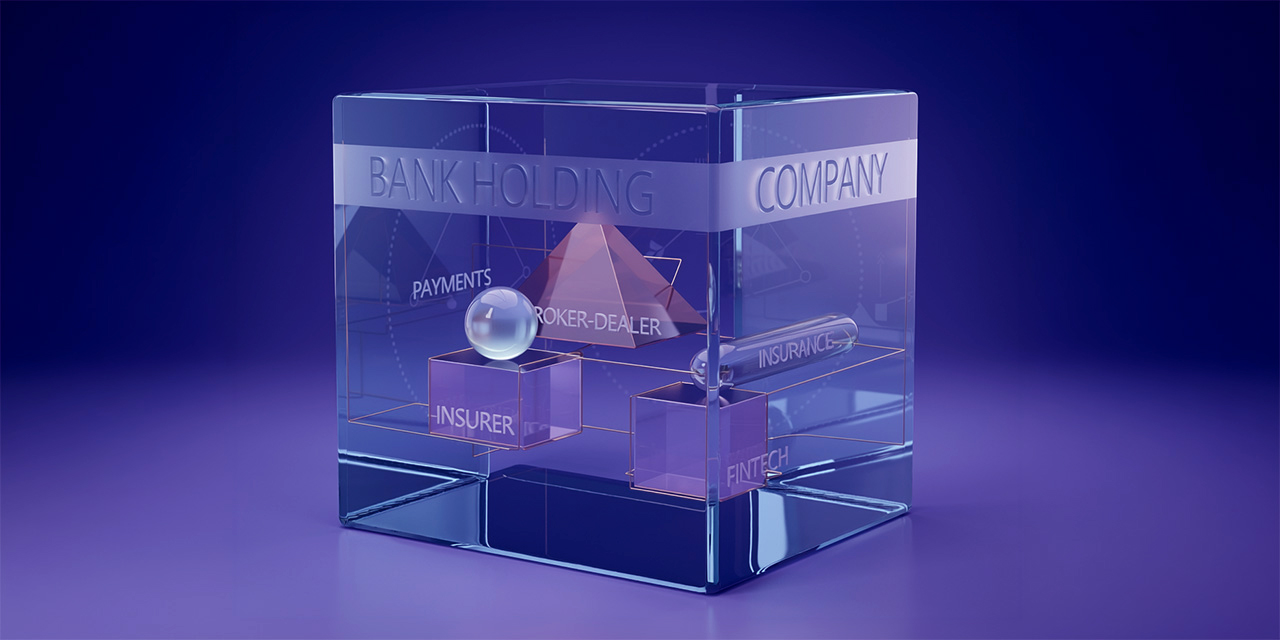 AI generated image of a glass square vessel with glass squares and pyramid inside with the words Bank Holding Company on the large vessel and insurer, fintech and broker-dealer on the small glass items inside it.