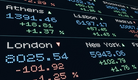 Stock market and exchange, indices moving up and down, Athens, Lisbon, London, New York. Device screen, business, market data and trading information. Concept, 3D Illustration