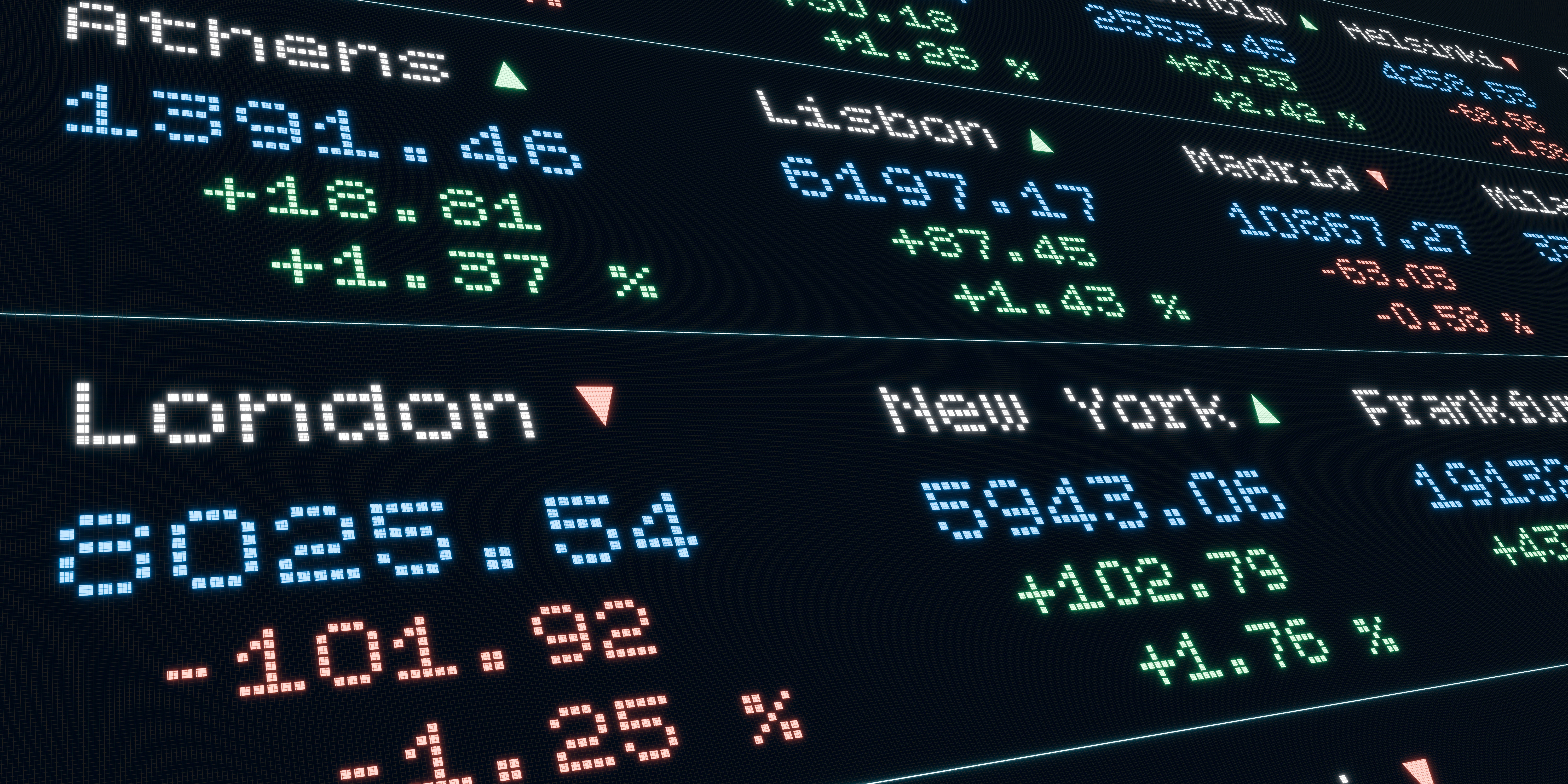 Stock market and exchange, indices moving up and down, Athens, Lisbon, London, New York. Device screen, business, market data and trading information. Concept, 3D Illustration
