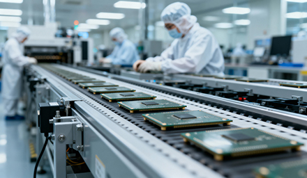 workers on a production line in white protective gear assembling semiconductors on memory boards that are moving on a conveyor belt