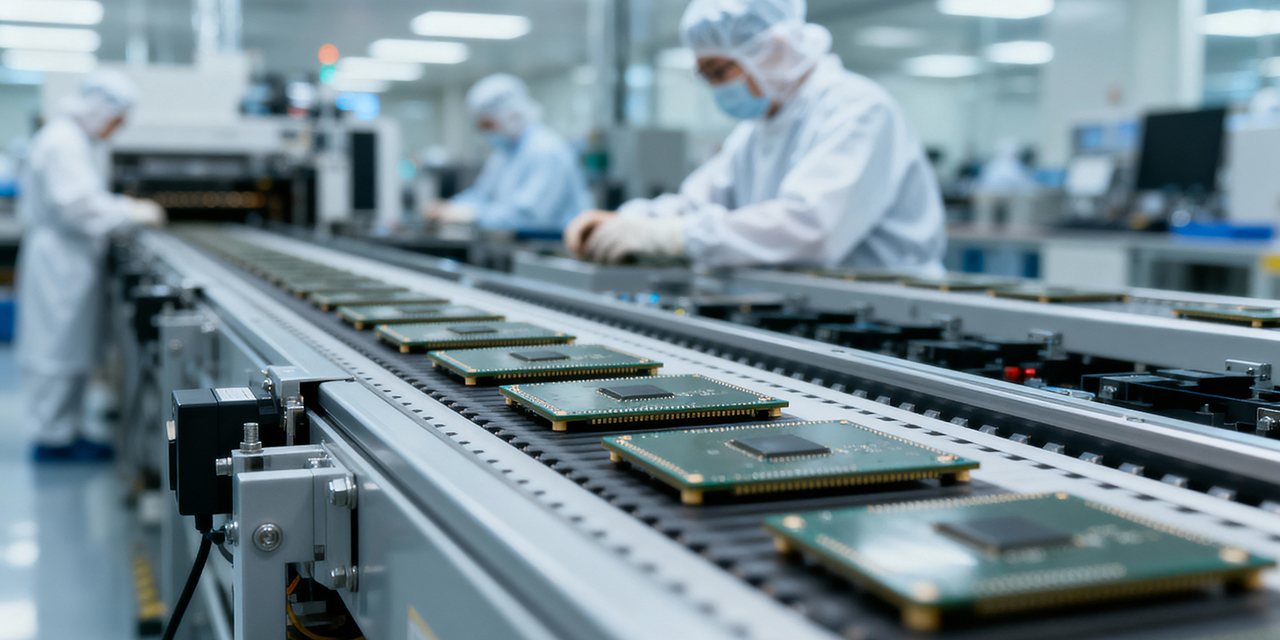 Workers on a production line in white protective gear assembling semiconductors on memory boards that are moving on a conveyor belt