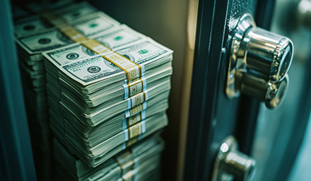 Decorative Photo: Stacks of Hundred Dollar Bills Securely Stored in a Steel Safe for Bank Reserves Concept
