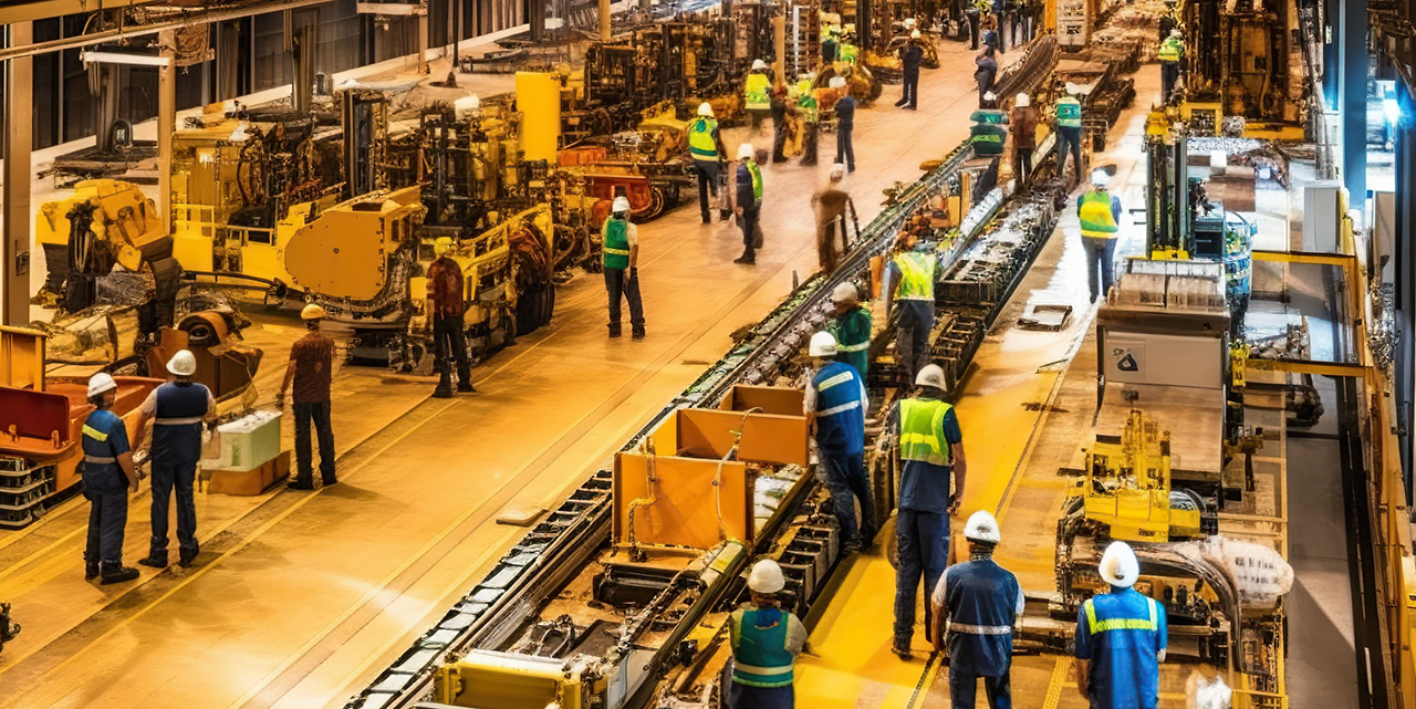 high-angle view shows workers in high-visibility vests operating in a busy manufacturing facility